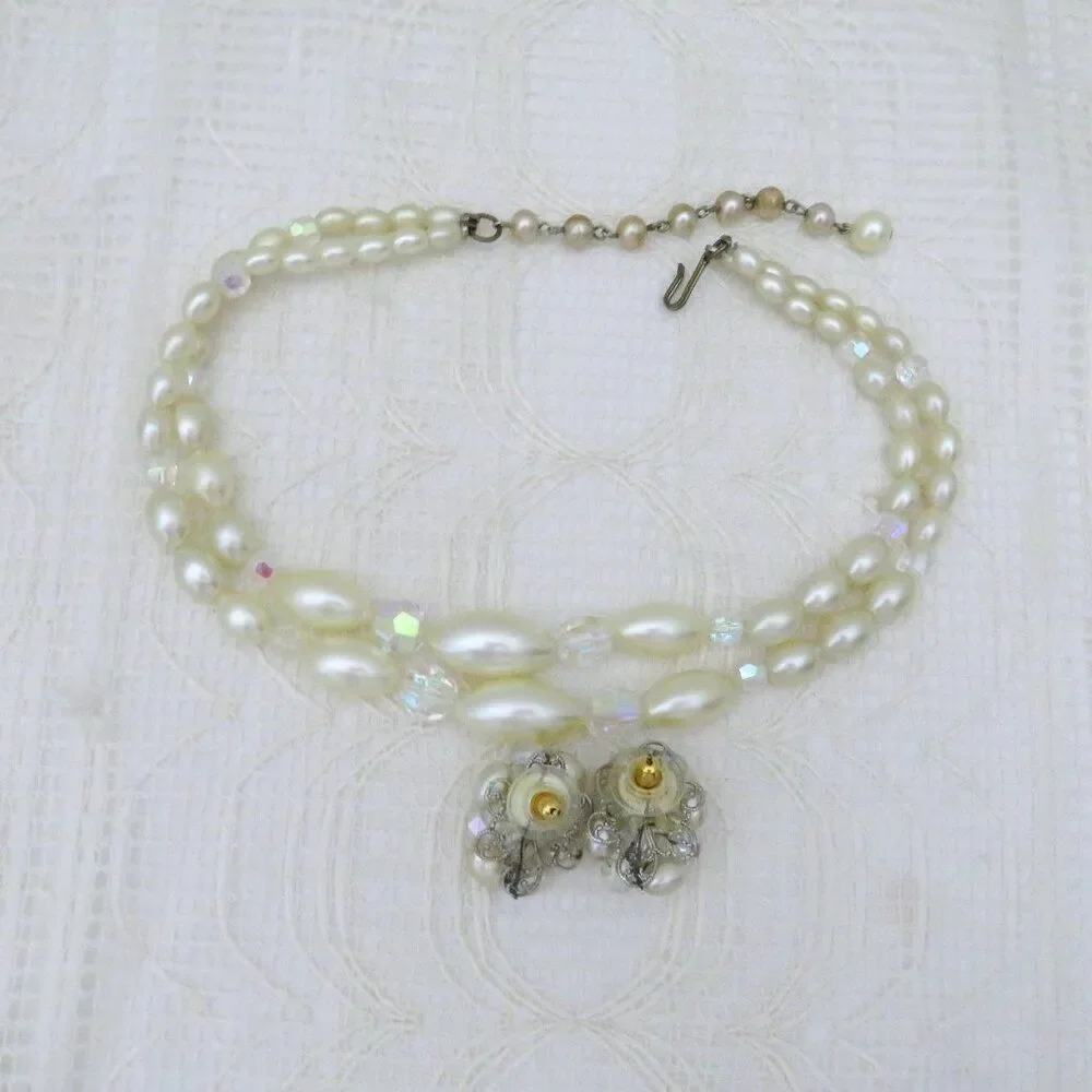 Vintage Necklace and Earring Set Women Faux Pearl and Crystal Glamorous Evening